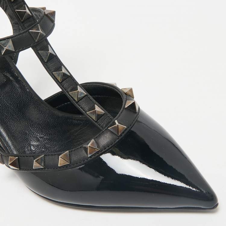 Pre Owned Valentino Black Patent and Leather Rockstud Cage Pumps Size 36.5