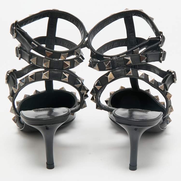 Pre Owned Valentino Black Patent and Leather Rockstud Cage Pumps Size 36.5