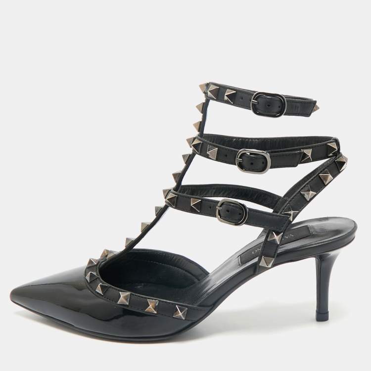 Pre Owned Valentino Black Patent and Leather Rockstud Cage Pumps Size 36.5