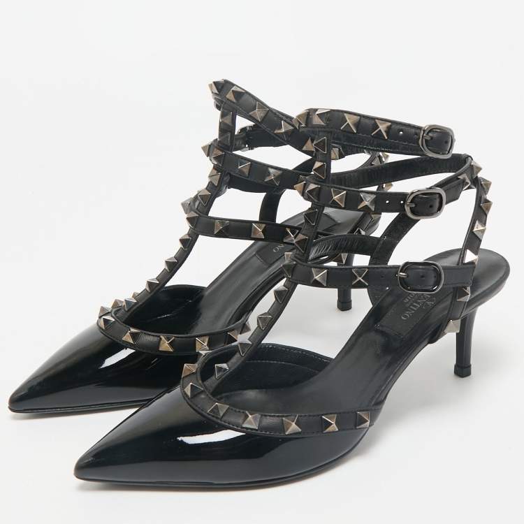Pre Owned Valentino Black Patent and Leather Rockstud Cage Pumps Size 36.5