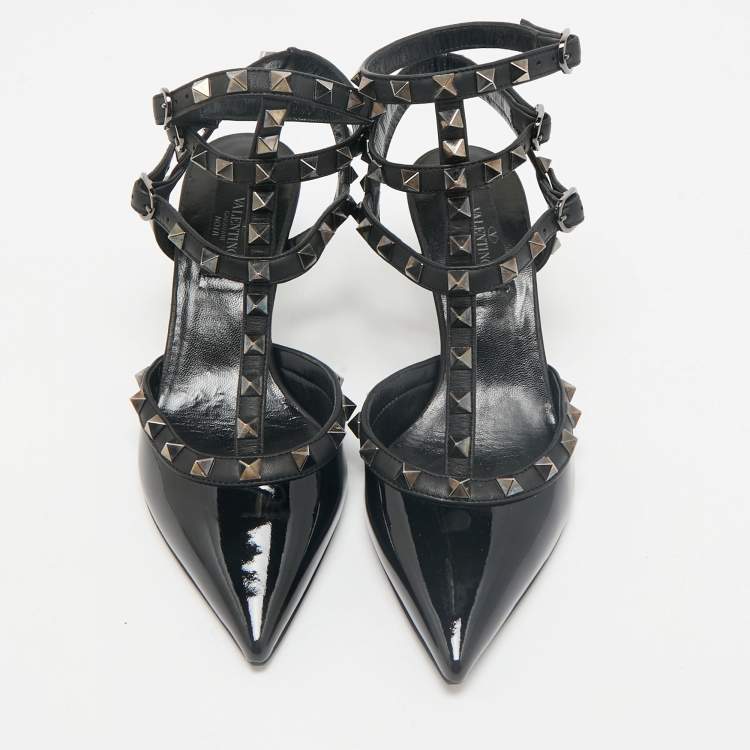 Pre Owned Valentino Black Patent and Leather Rockstud Cage Pumps Size 36.5