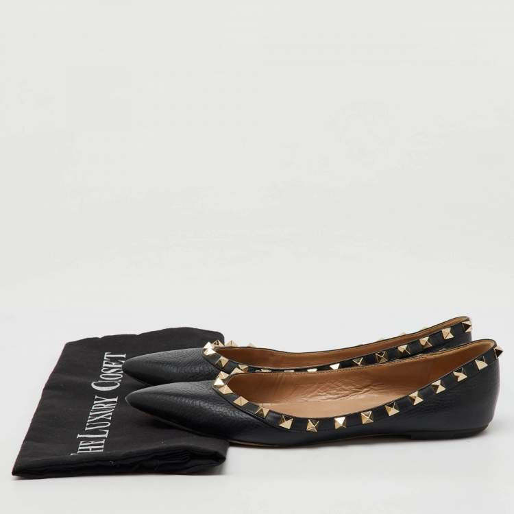 Pre Owned Valentino Black Leather Rockstud Ballet Flats Size 37