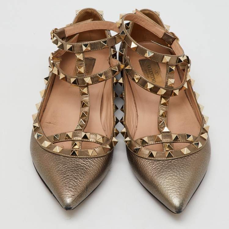 Pre Owned Valentino Metallic Leather Rockstud Ankle Strap Ballet Flats Size 38