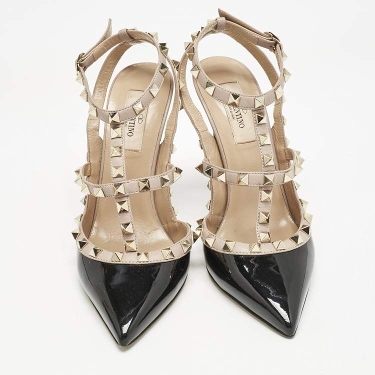 Pre Owned Valentino Black/Beige Patent Leather Rockstud Caged Ankle Strap Pumps Size 38