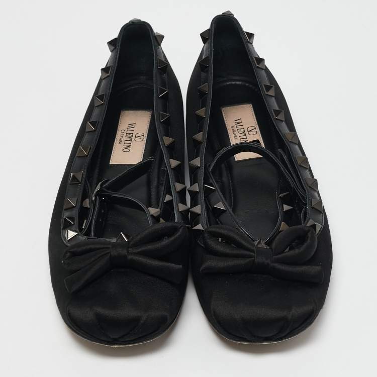 Pre Owned Valentino Black Satin Bow Rockstud Ankle Strap Ballet Flats Size 36