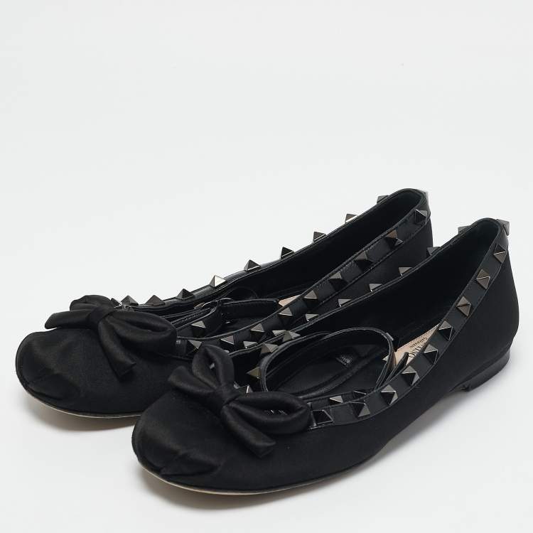 Pre Owned Valentino Black Satin Bow Rockstud Ankle Strap Ballet Flats Size 36