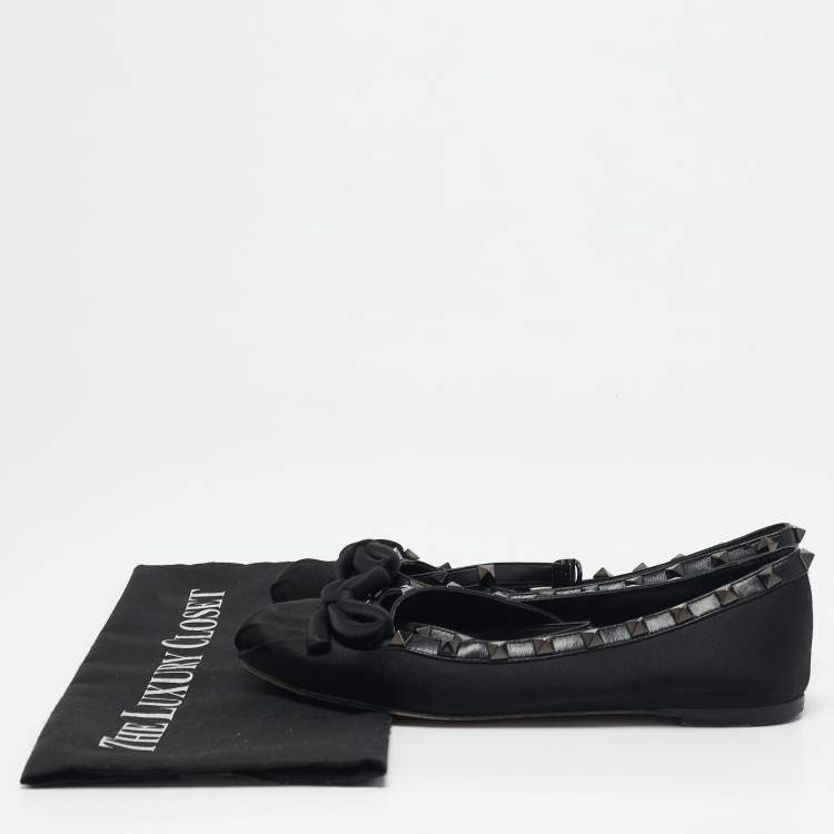 Pre Owned Valentino Black Satin Bow Rockstud Ankle Strap Ballet Flats Size 36