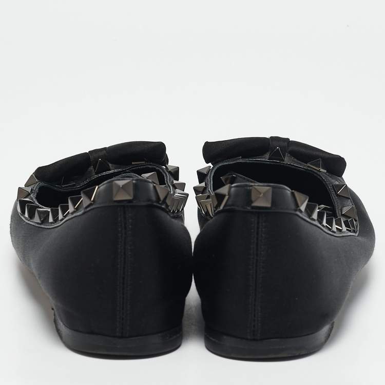 Pre Owned Valentino Black Satin Bow Rockstud Ankle Strap Ballet Flats Size 36