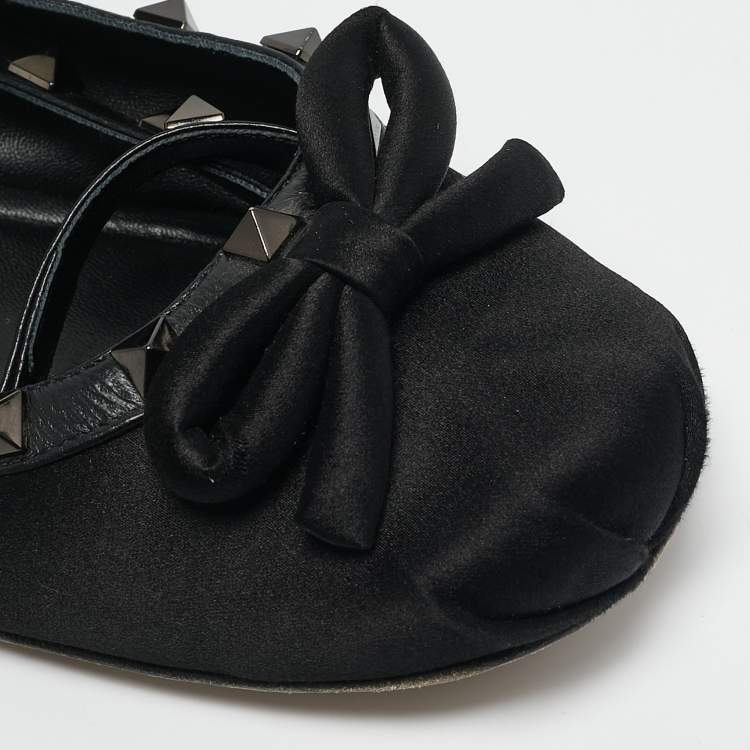 Pre Owned Valentino Black Satin Bow Rockstud Ankle Strap Ballet Flats Size 36