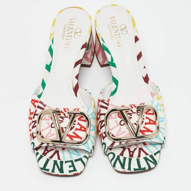 Pre Owned Valentino Multicolor Canvas Loop Escape V Logo Slide Sandals Size 36