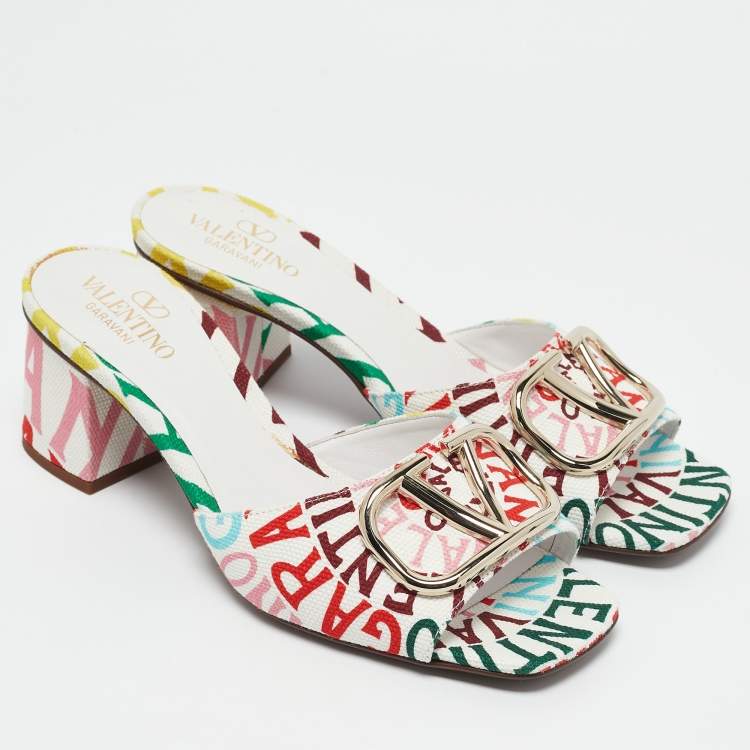 Pre Owned Valentino Multicolor Canvas Loop Escape V Logo Slide Sandals Size 36