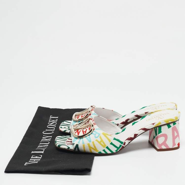 Pre Owned Valentino Multicolor Canvas Loop Escape V Logo Slide Sandals Size 36