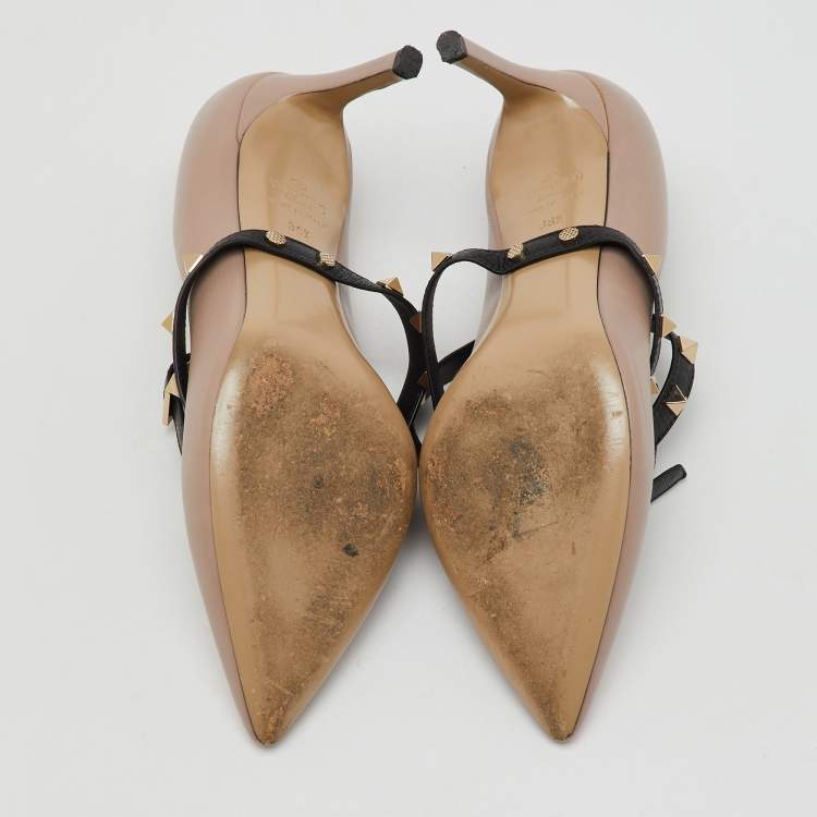 Pre Owned Valentino Beige/Black Leather Rockstud Ankle Wrap Pointed Toe Pumps Size 36.5
