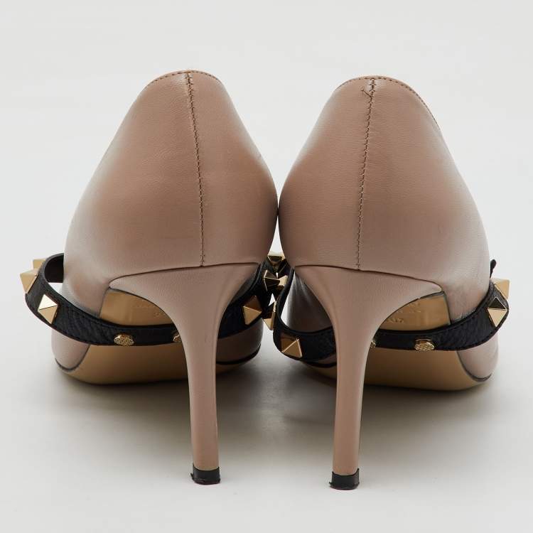 Pre Owned Valentino Beige/Black Leather Rockstud Ankle Wrap Pointed Toe Pumps Size 36.5