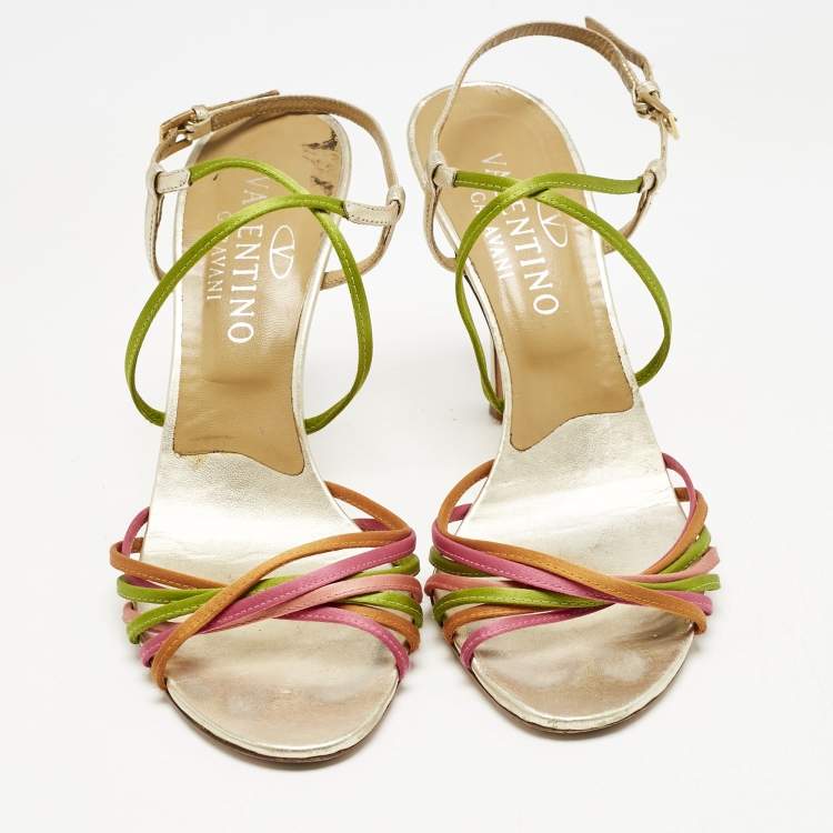 Pre Owned Valentino Multicolor Leather and Satin Strappy Ankle Strap Sandals Size 38.5