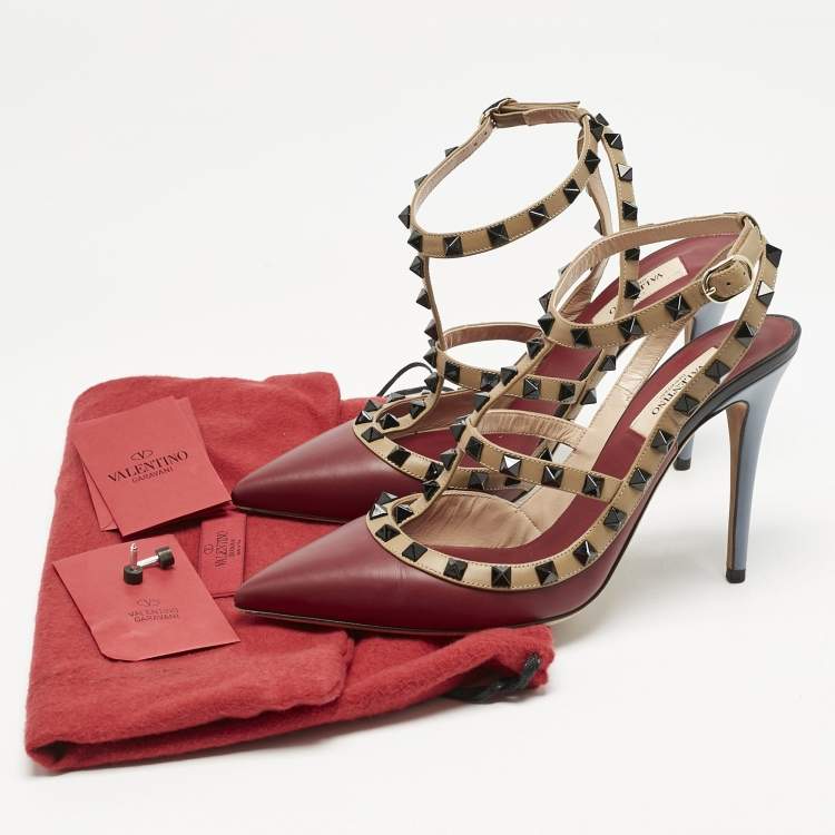 Pre Owned Valentino Red/Burgundy Leather Rockstud Strappy Pointed Toe Pumps Size Size 39