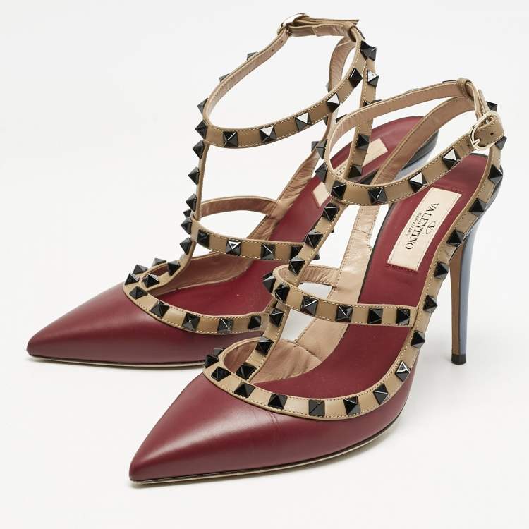 Pre Owned Valentino Red/Burgundy Leather Rockstud Strappy Pointed Toe Pumps Size Size 39