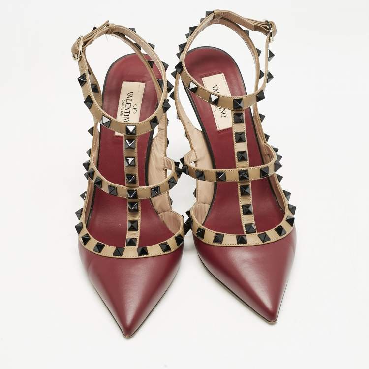 Pre Owned Valentino Red/Burgundy Leather Rockstud Strappy Pointed Toe Pumps Size Size 39