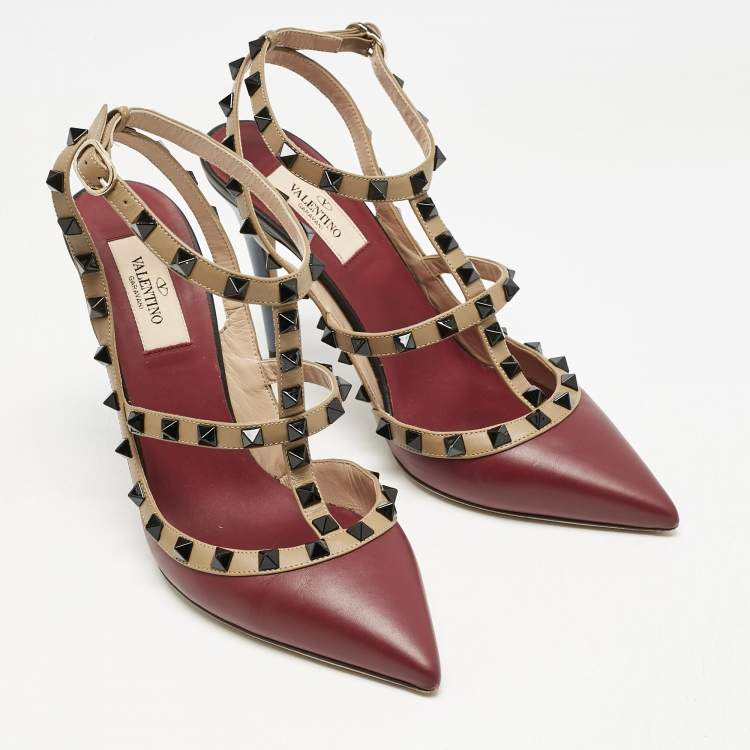Pre Owned Valentino Red/Burgundy Leather Rockstud Strappy Pointed Toe Pumps Size Size 39