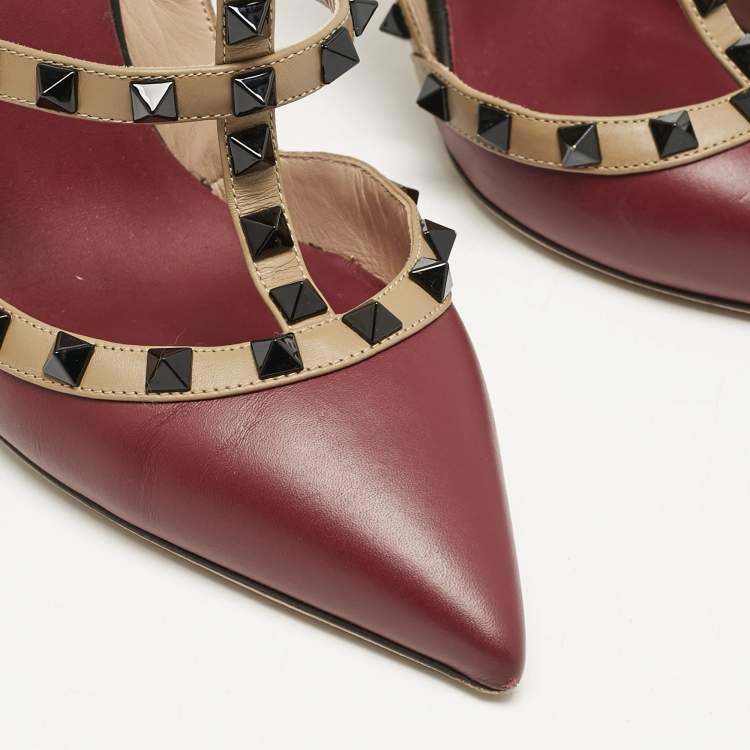 Pre Owned Valentino Red/Burgundy Leather Rockstud Strappy Pointed Toe Pumps Size Size 39