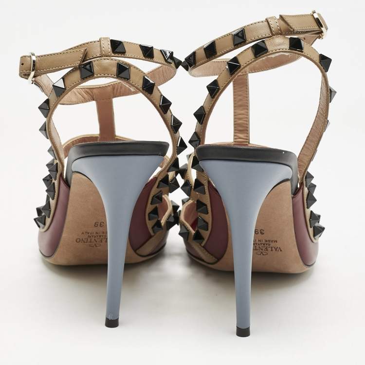 Pre Owned Valentino Red/Burgundy Leather Rockstud Strappy Pointed Toe Pumps Size Size 39