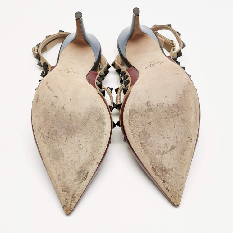 Pre Owned Valentino Red/Burgundy Leather Rockstud Strappy Pointed Toe Pumps Size Size 39