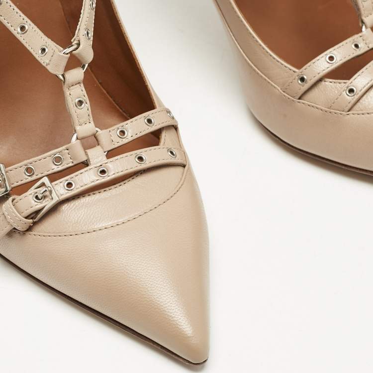 Pre Owned Valentino Beige Leather Love Latch Ankle Strap Pumps Size 39