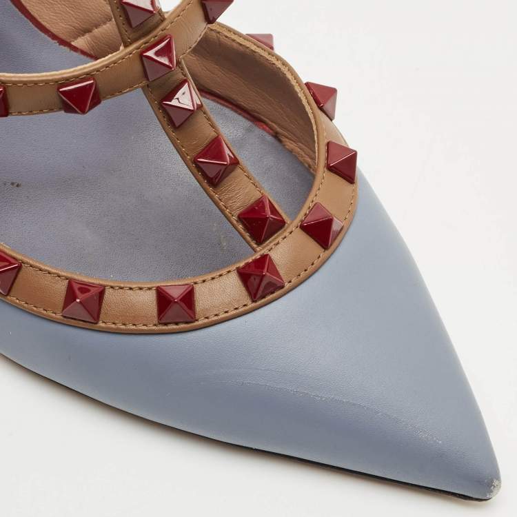 Pre Owned Valentino Light Blue Leather Rockstud Cage Pumps Size 40.5