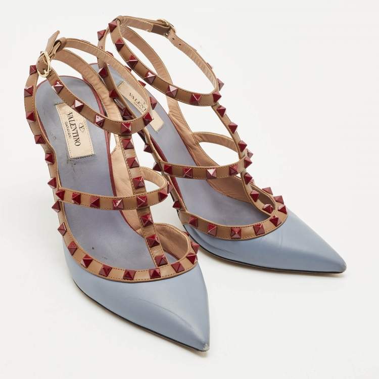 Pre Owned Valentino Light Blue Leather Rockstud Cage Pumps Size 40.5