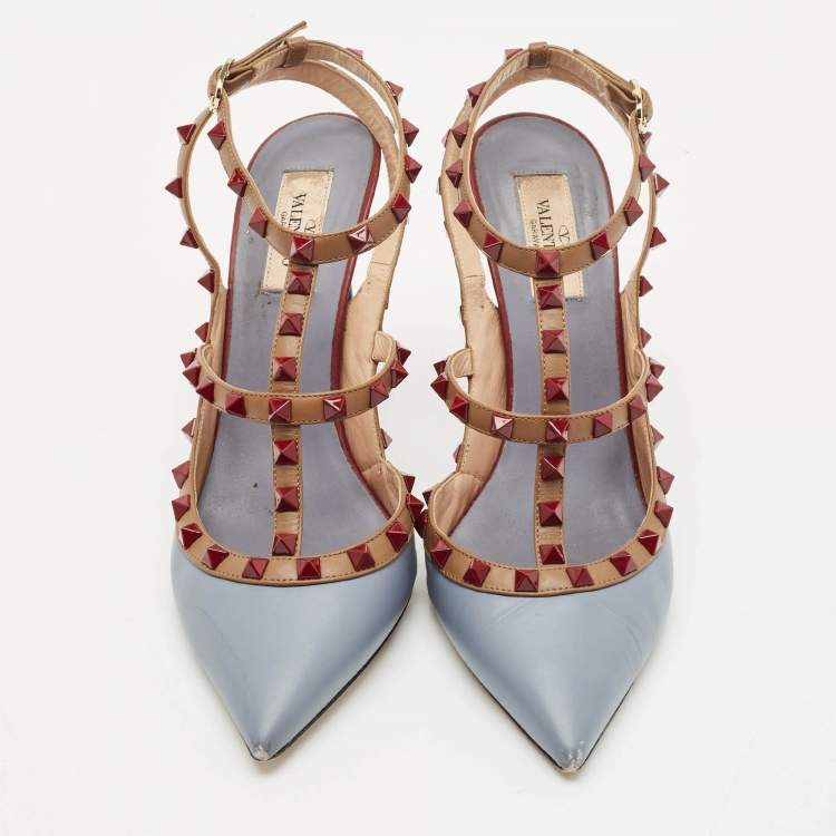 Pre Owned Valentino Light Blue Leather Rockstud Cage Pumps Size 40.5