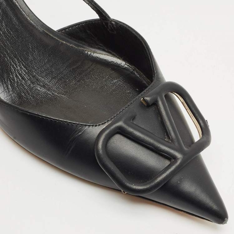 Pre Owned Valentino Black Leather VLogo Slingback Pumps Size 37