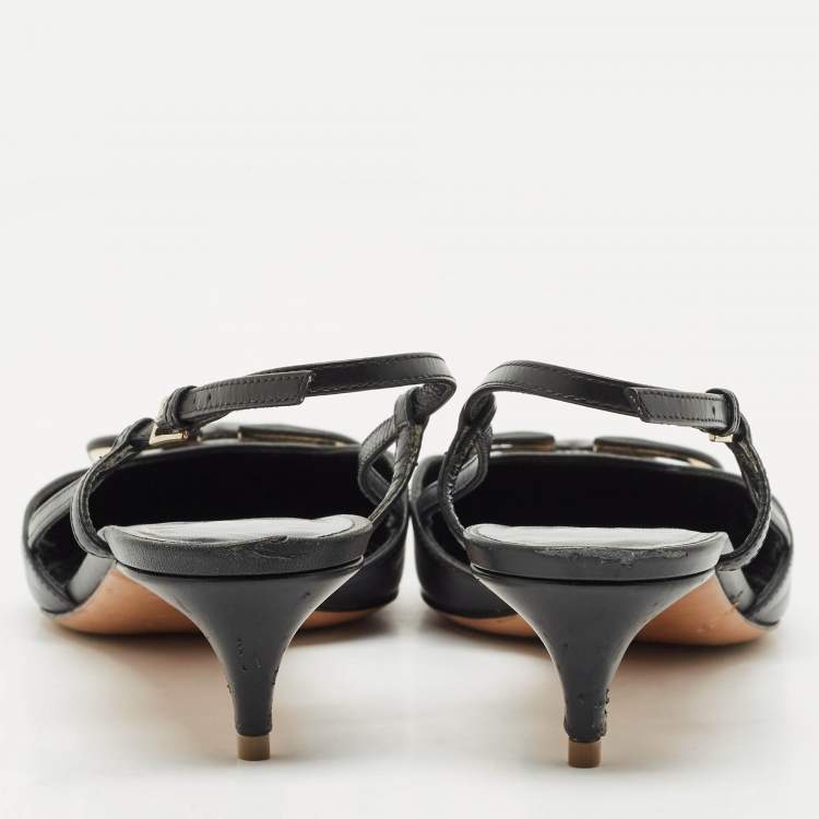 Pre Owned Valentino Black Leather VLogo Slingback Pumps Size 37