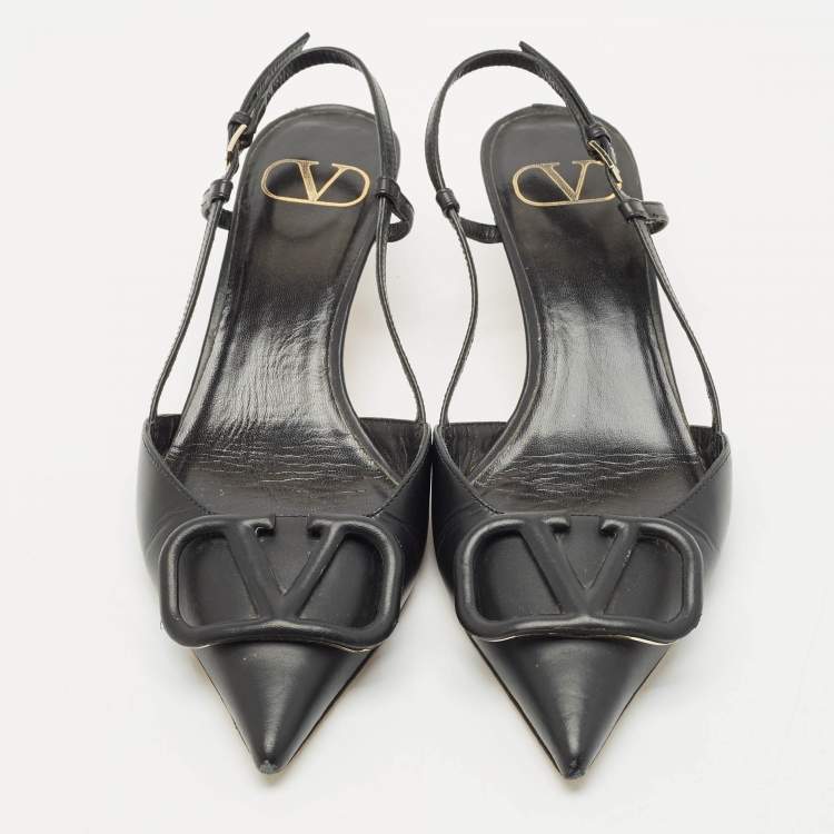 Pre Owned Valentino Black Leather VLogo Slingback Pumps Size 37