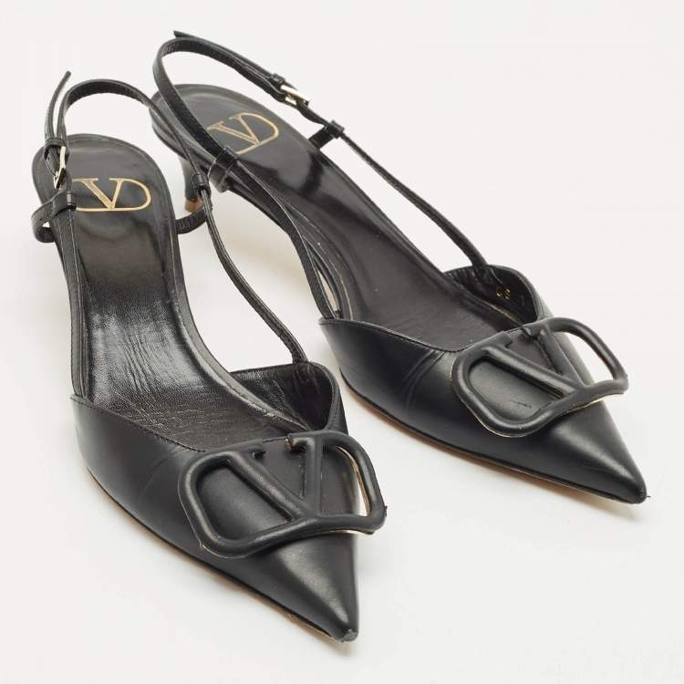 Pre Owned Valentino Black Leather VLogo Slingback Pumps Size 37