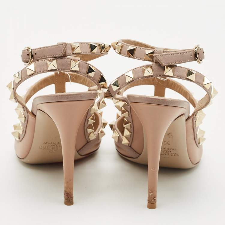 Pre Owned Valentino Beige Leather Rockstud Cage Pumps Size 36.5