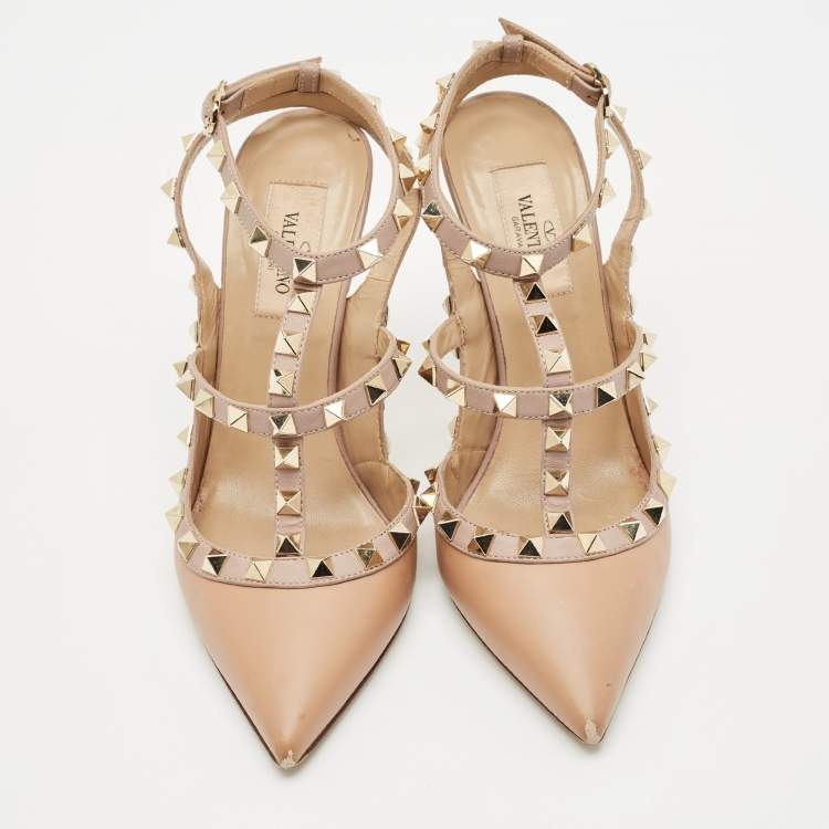 Pre Owned Valentino Beige Leather Rockstud Cage Pumps Size 36.5