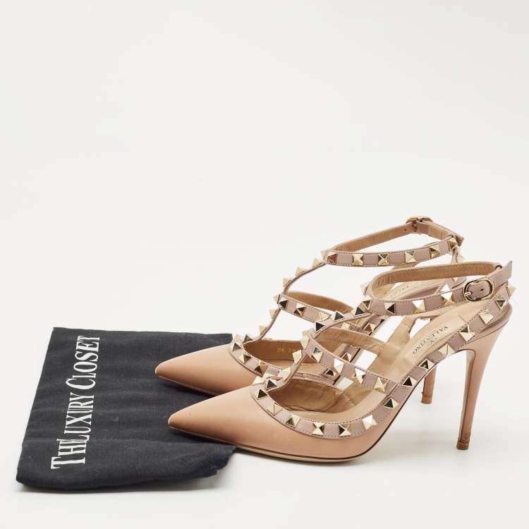Pre Owned Valentino Beige Leather Rockstud Cage Pumps Size 36.5