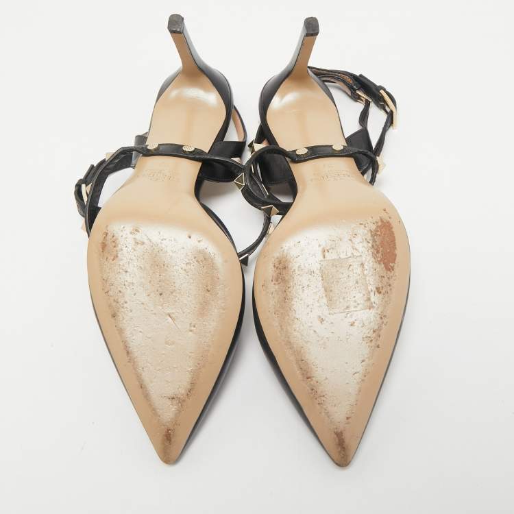 Pre Owned Valentino Black Leather Rockstud Slingback Pumps Size 37