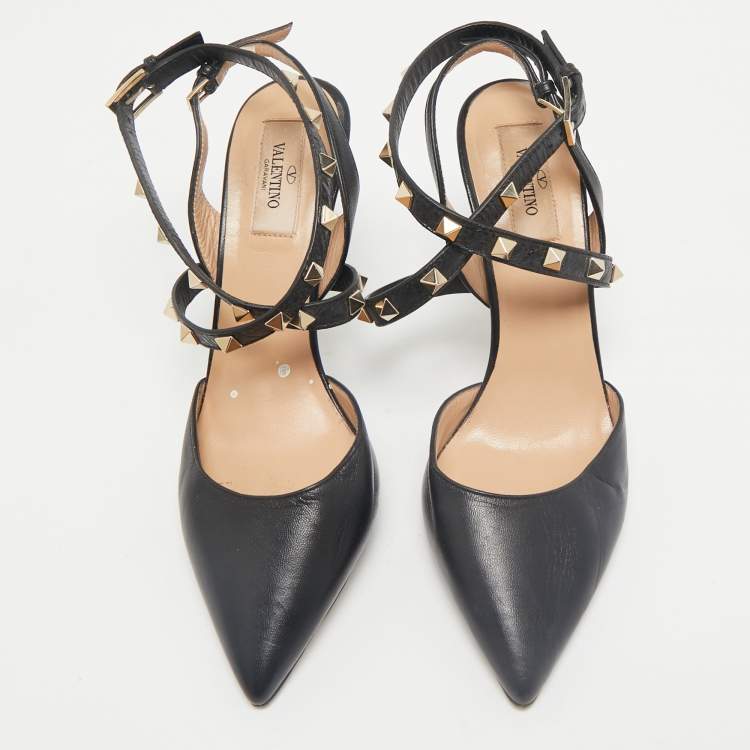 Pre Owned Valentino Black Leather Rockstud Slingback Pumps Size 37
