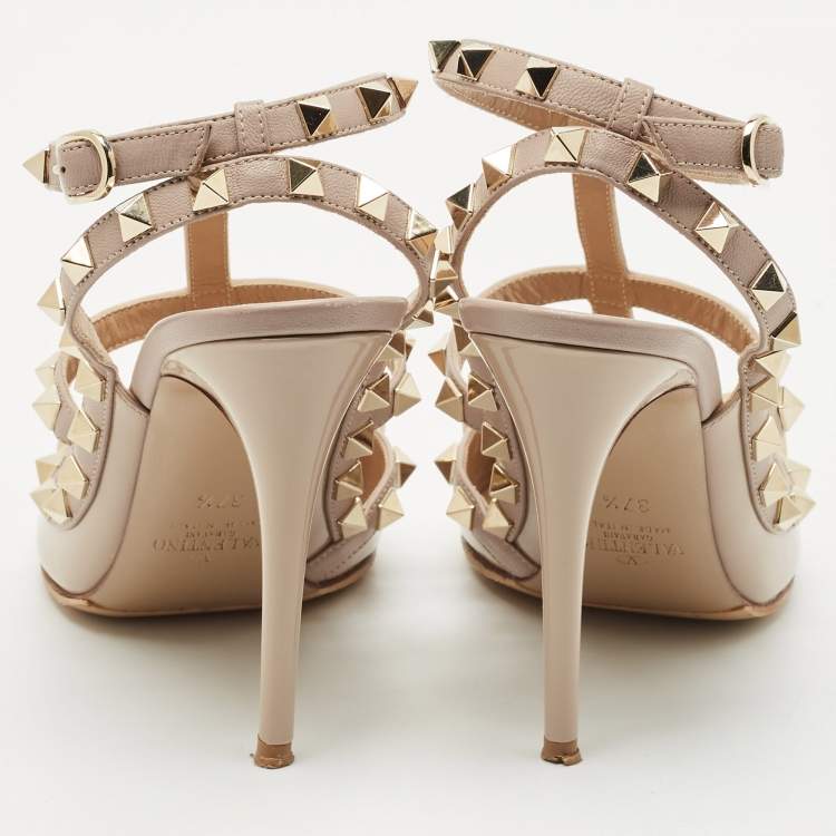 Pre Owned Valentino Dusty Pink Patent Leather Rockstud Ankle Strap Pumps Size 37.5