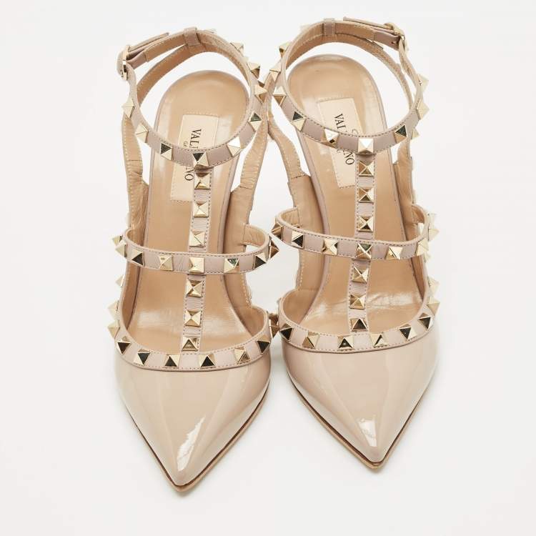 Pre Owned Valentino Dusty Pink Patent Leather Rockstud Ankle Strap Pumps Size 37.5