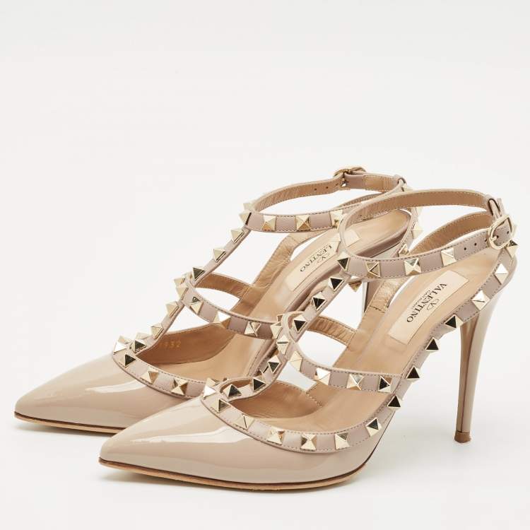 Pre Owned Valentino Dusty Pink Patent Leather Rockstud Ankle Strap Pumps Size 37.5