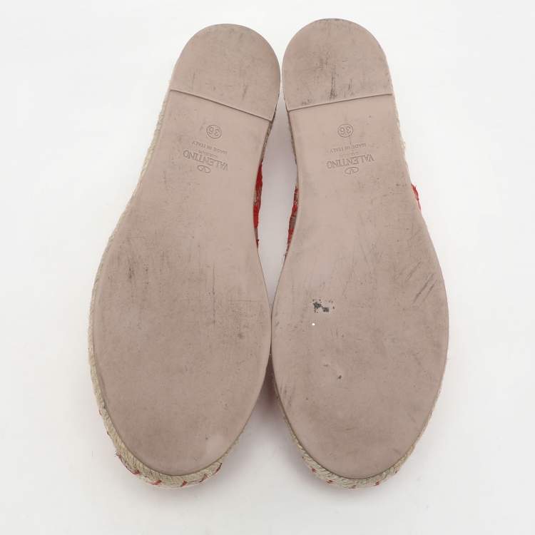 Pre Owned Valentino Red Lace Espadrille Flats Size 36