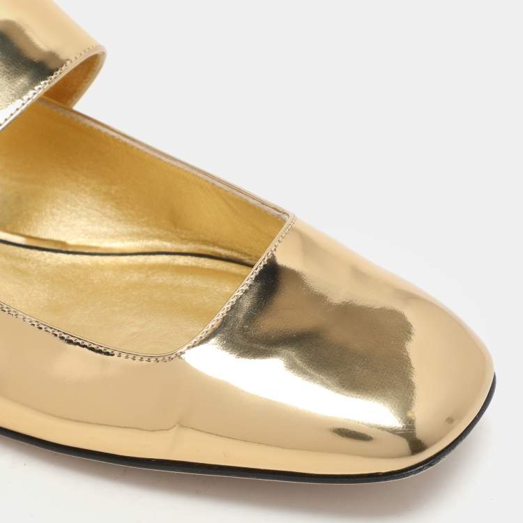 Pre Owned Valentino Gold Patent Leather VLogo Locker Mary Jane Ballet Flats Size 36.5