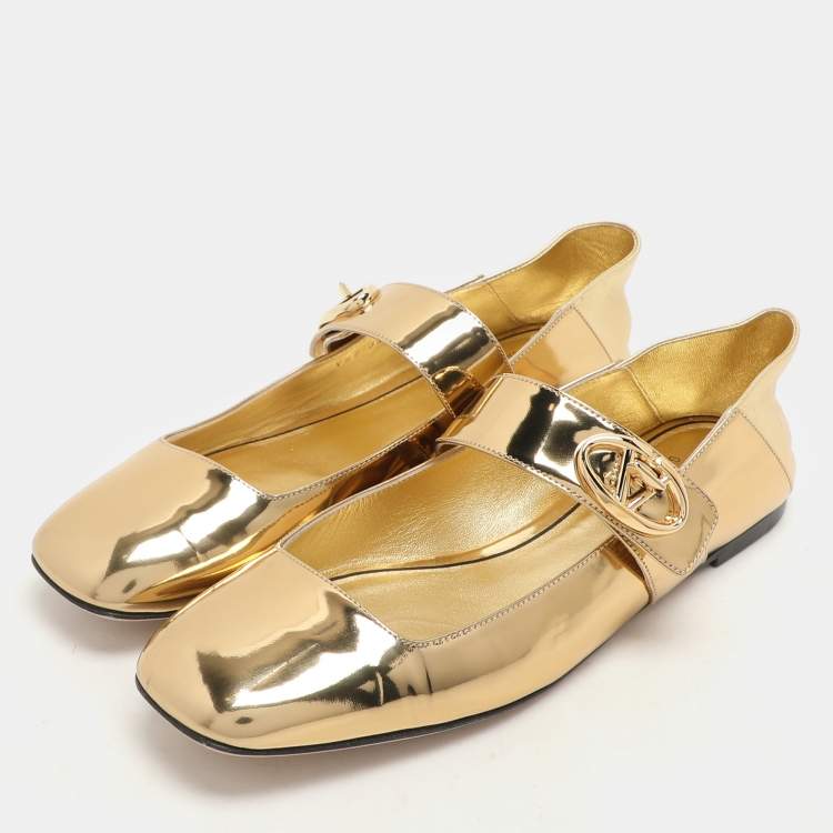 Pre Owned Valentino Gold Patent Leather VLogo Locker Mary Jane Ballet Flats Size 36.5