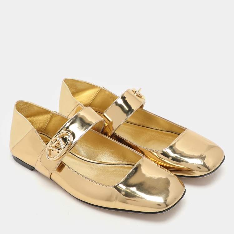 Pre Owned Valentino Gold Patent Leather VLogo Locker Mary Jane Ballet Flats Size 36.5