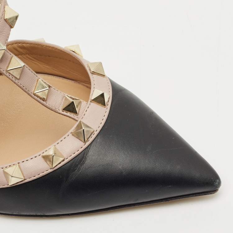 Pre Owned Valentino Black/Beige Leather Rockstud Caged Ankle Strap Pumps Size 40.5