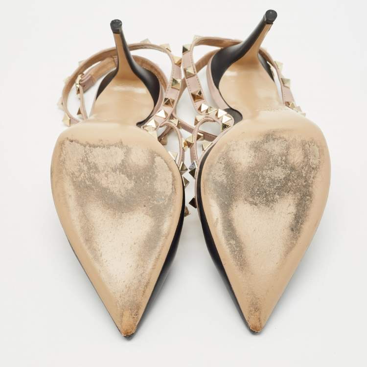 Pre Owned Valentino Black/Beige Leather Rockstud Caged Ankle Strap Pumps Size 40.5