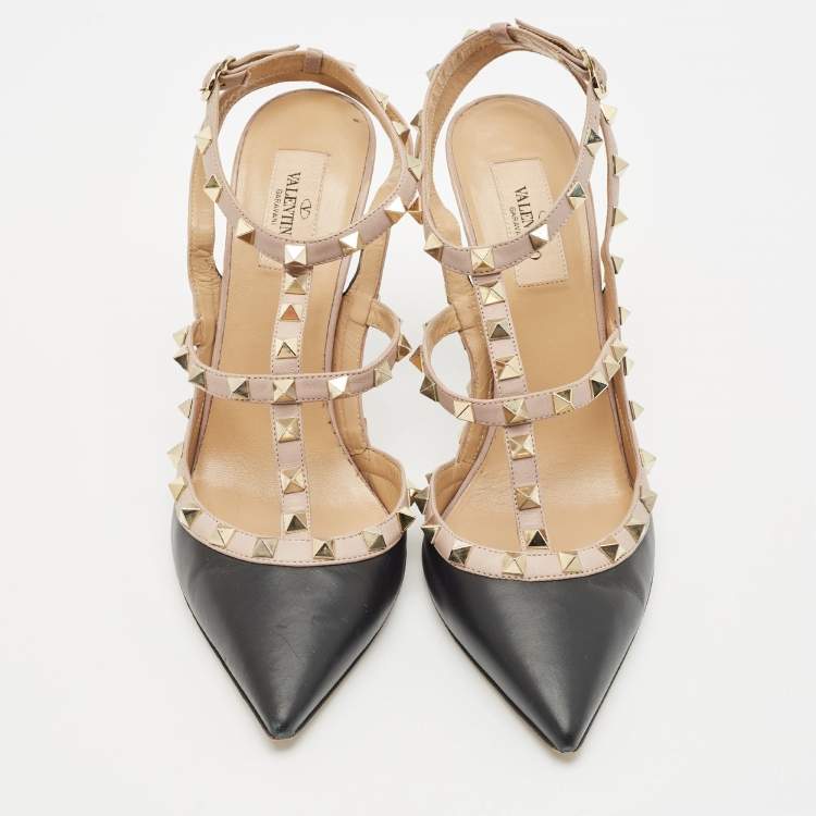 Pre Owned Valentino Black/Beige Leather Rockstud Caged Ankle Strap Pumps Size 40.5