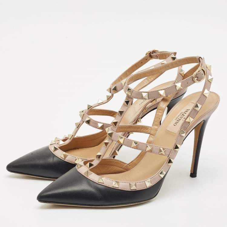 Pre Owned Valentino Black/Beige Leather Rockstud Caged Ankle Strap Pumps Size 40.5